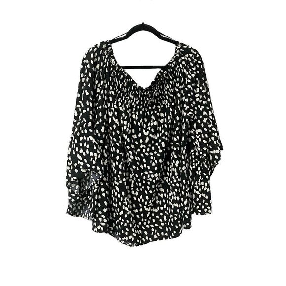 🟢ODDY Women’s Cold Shoulder Black & White Polka Dot Short Sleeve Blouse  2XL - Picture 1 of 8